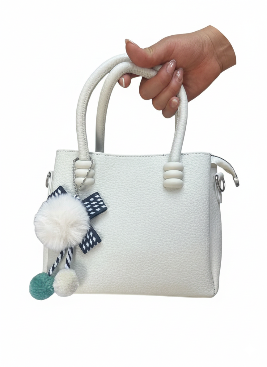 Cartera Mini Chic con Pompones - Gris Perla