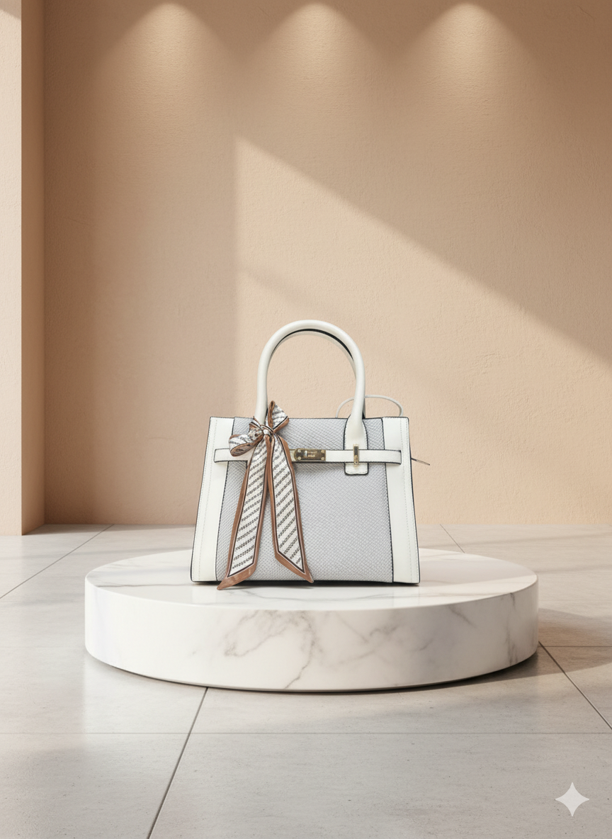 Cartera Elegante con Lazo - Beige y Blanco